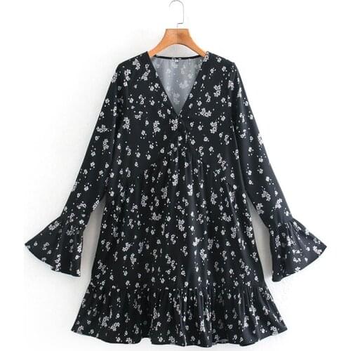 Girly Black Dress Long Sleeve V-neck Floral Print Dress Loose Straight Dress