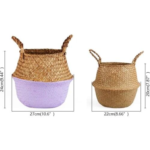 2 Pcs Foldable Handmade Storage Baskets, Folding Wicker Rattan Seaweed Laundry Basket Panier Osier Fruit Basket