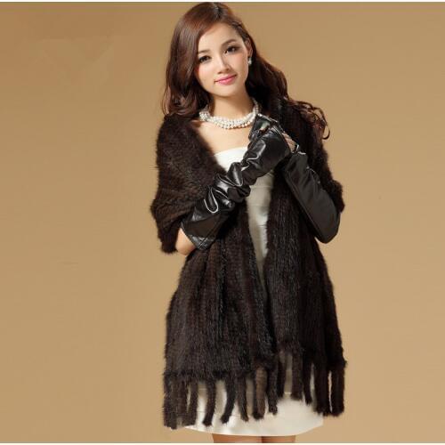 2018 Autumn and Winter Womens Genuine Natural Knitted Mink Fur Scarves with Tassels Female Shawl Pashmina Cape VF0517