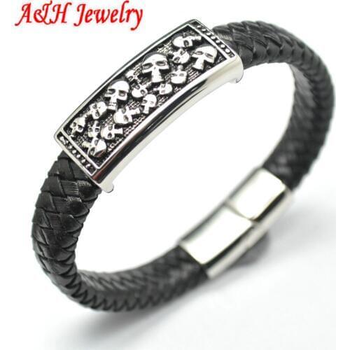 5pcs New Arrival Skeleton Heads Charms Genuine Leather With Stainless Steel Fashion Men Bracelets Gift Jewelry