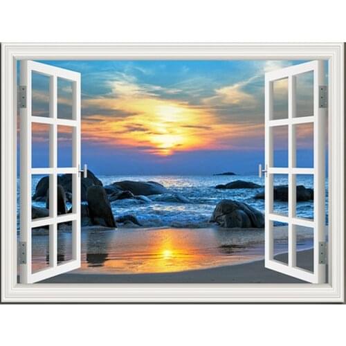 5D DIY Diamond Painting Cross Stitch window Seaside Sunset blue ocean Landscape Full Drill Rhinestones Mosaic Diamond Embroidery