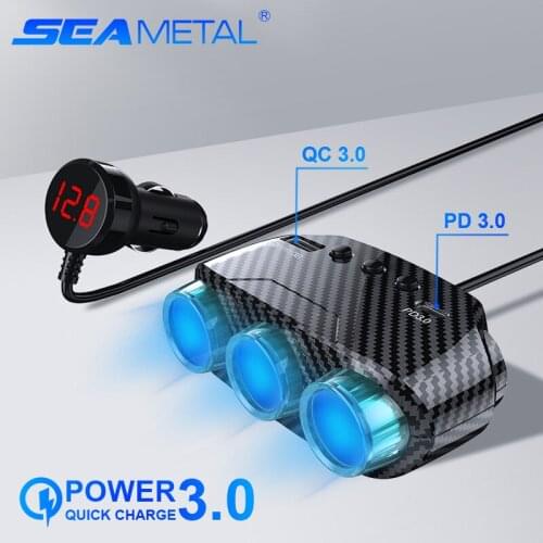 QC3.0/PD3.0 Car Charger 3-Socket Cigarette Lighter Splitter Quick Charge DC12V/24V 122W Car Power Adapter with Led Voltmeter