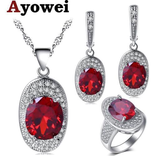 Ayowei Trendy Precious Red Zircon For Ladies silver Earrings Necklace pendant Rings Jewelry Sets USA size #6#7#8#9#10 JS712A