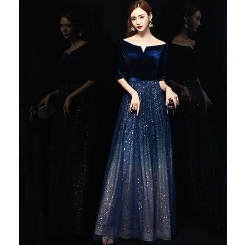 Sequined A-Line V-Neck Floor-Length Blue Half Sleeves Formal Dress Women Elegant 2021 Design Fashion Glamorous Evening Gown