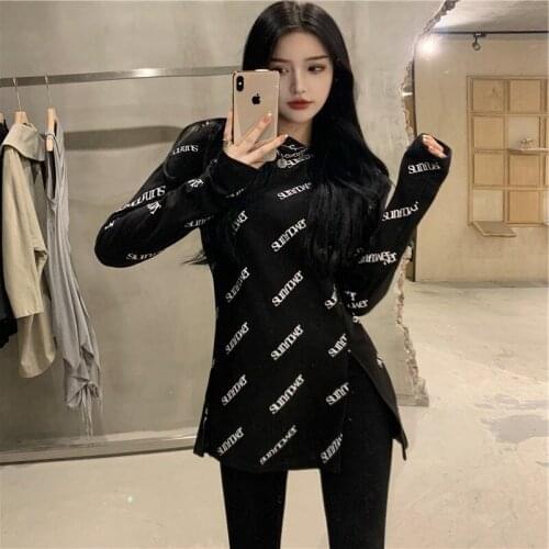 Minority Design Sense Split Bottomed Blouse Womens 2021 New Letter Printing Foreign Style with Round Neck Top