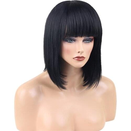 Bob Straight Black 100% Human Hair Wigs W/ Cap for Cosplay Party Daily Use