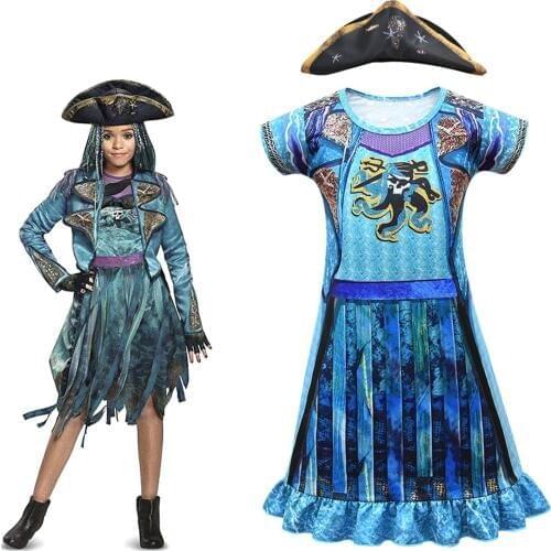 Descendants 3 Mal Bertha Maleficent curls Live Evil Straight blue kids dress Cosplay cap + dress halloween costume for kids