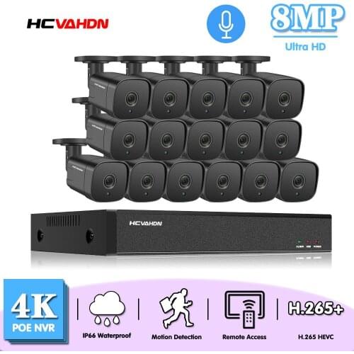 HCVAHDN 16CH 4K POE AI CCTV Security Camera System Kit Face Detection With 8MP Audio Outdoor Video Surveillance Camera Kits P2P
