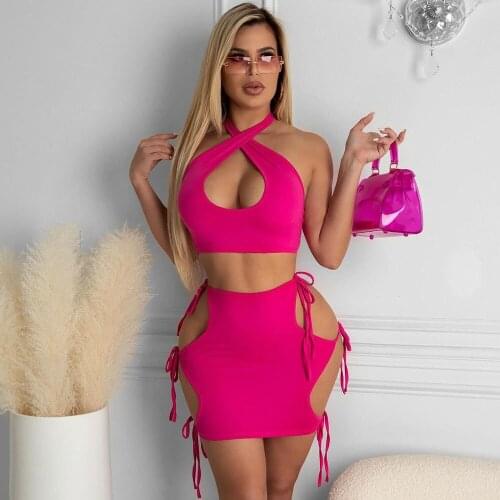 Sexy Two Piece Outfits for Women Matching Sets Party Hollow Out Cross Halter Crop Top and Lace Up Mini Skirt Set Club Outfits