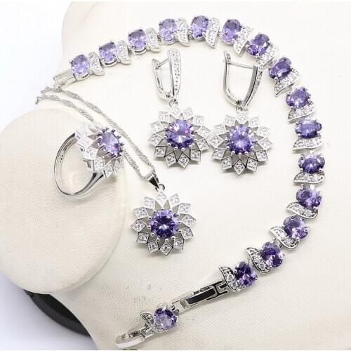 Purple Zircon Silver 925 Bridal Jewelry Sets For Women Necklace Earrings Ring Pendants For Wedding Gift