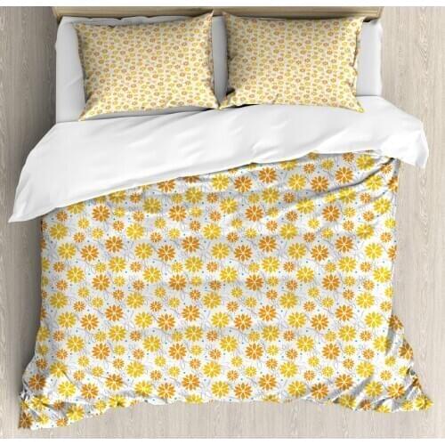 Orange and Yellow Duvet Cover Set Flowers and Leaves with Polka Dots 3 Piece Bedding Set White Orange