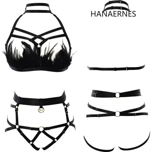 HANAERNES Black feather-wrapped crop top open chest cage strap bra fetish wear bottom panties sexy lingerie bondage strap set