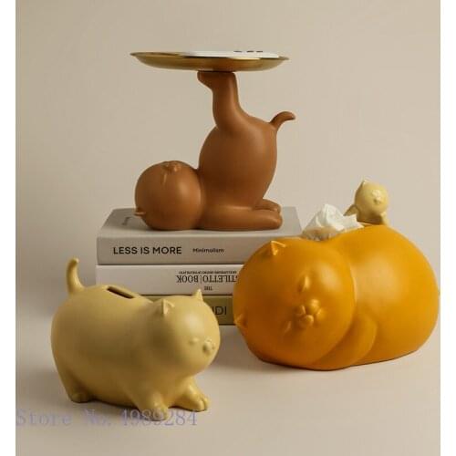 Creative Ceramic Cute Cat Piggy Bank Tissue Box Tray Desktop Storage Organization Cartoon Abstract Home Decoration Ornaments