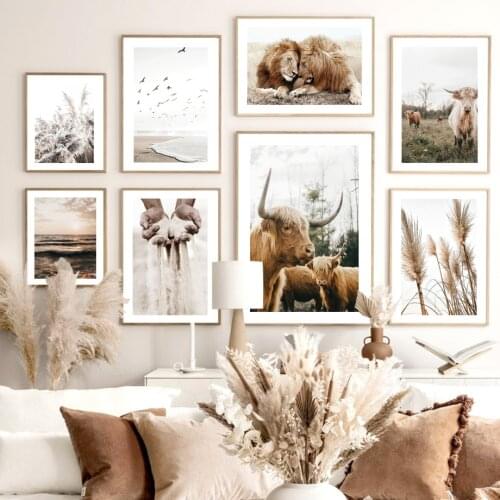 Lion Couple Sand Falling Calm Beach Bird Reed Cattle Wall Art Print Canvas Painting Nordic Poster Decor Pictures For Living Room