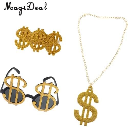 MagiDeal Set of 3pcs Glitter USD Dollar Signs Eye Glasses Ring Necklace 70s 80s Rapper Big Daddy Costume Dress up Jewelry Props