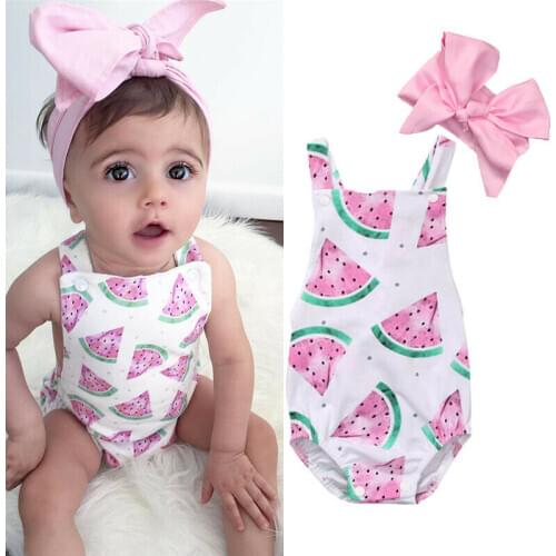 Fashion Newborn Baby Girls Kids Watermelon Summer Rompers Sleeveless Jumpsuit+Headband Outfits Clothes