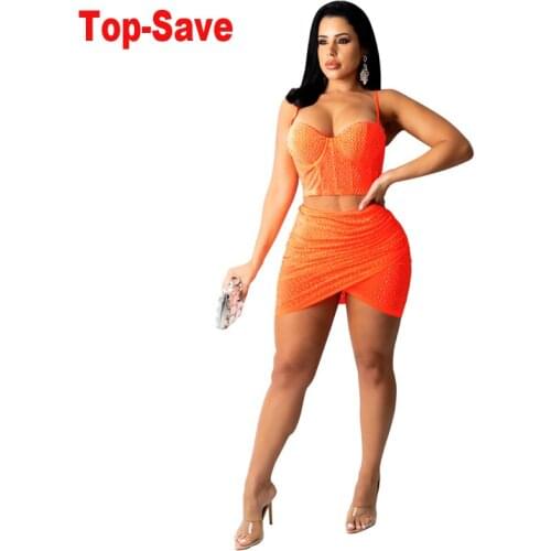 Fashion Diamond Sexy Women Two Piece Set Deep V-Neck Slim Crop Top Nightclub Party Asymmetric Skirt Bodycon Birthday Outfits