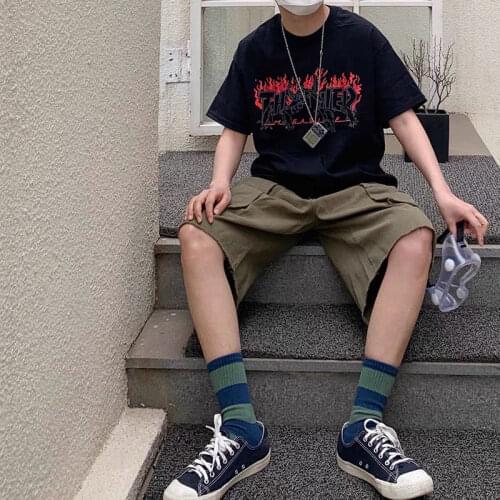 Short-sleeved pure cotton 2021ins flame clothes fashion T-shirt black T-shirt for men and women couples