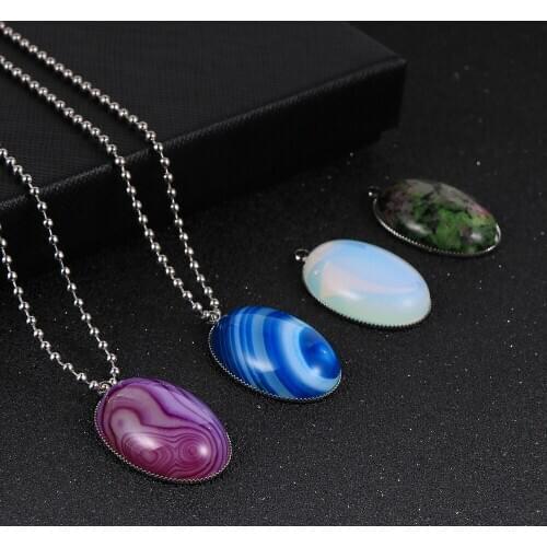 Natural Stone Pendant Necklace Oval Onyx Turquoises Beads Small Charm Pendants 18" Ball Chain Choker Necklace For Women Girls