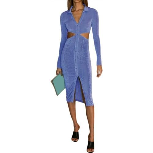 Wsevypo Women Long Sleeve Hollow Out Waist Wrap Dress Autumn Spring New Solid Color Turn-down Collar Button Midi Dress OL Style