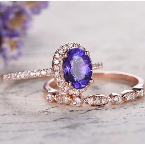 Drop Shipping New Arrival Luxury Jewelry Rose Gold Fill Oval Cut Purple AAA Cubic Zirconia Party Promise Wedding Bridal Ring Set