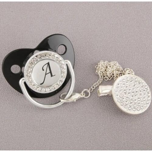 Luxury Bling Baby Pacifier Clip Chain Black Silver Newborn Silicone Dummy Nipple 26 Initials BPA Free Infant Soother Shower Gift