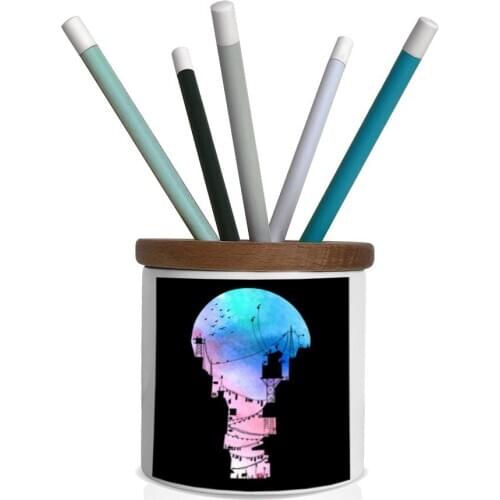 Custog Pen/Pencil Holder For Desk Organizer With Wooden Cover Office Desk Accessories City Night