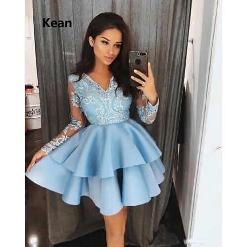 Blue Red Homecoming Dresses Full Sleeve V-Neck Tiered Satin Above Mini Elegant Royal Blue Cocktail Dresses