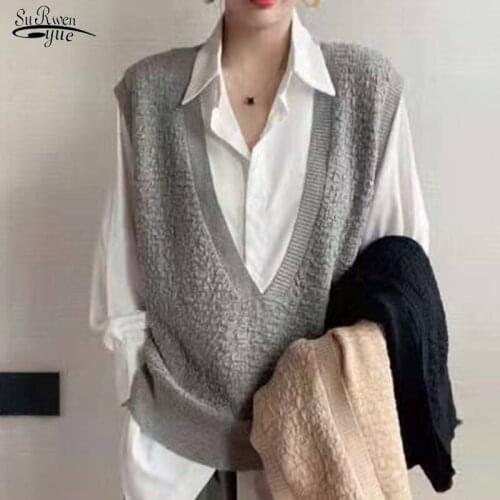 Korean Office Lady Knitted Sweaters Women Autumn Winter New V-neck Pullover Sweater Vest Women Loose Knit Vest Solid Top 15993