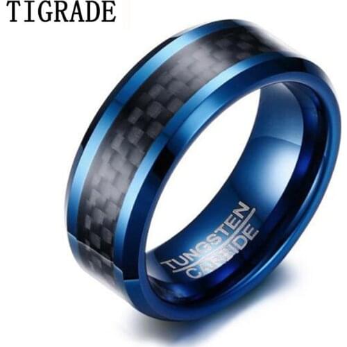 Tigrade Blue Tungsten Rings For Men 8mm Black Plaid Jewelry Classical Men Cool Finger Ring Never Fade Male Wedding Rings Anels