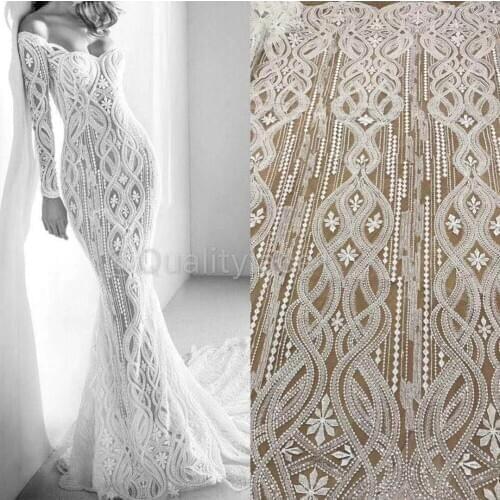 Beaded Embroidery Lace For Wedding Dress Fabric Nigerian Textile African Trimming Lace 5Yards/ lot