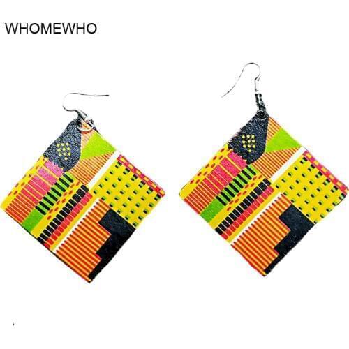 Colorful Natural Wood Square Geometric Painting Africa Tribal Earrings Vintage African Wooden DIY Party Club Jewelry