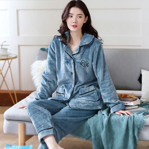 Womens Flannel Pajamas Pyjamas Set Long Sleeve Sleepwear Pijama Pajamas Suit Female Sleep Two Piece Set Loungewear Plus Size