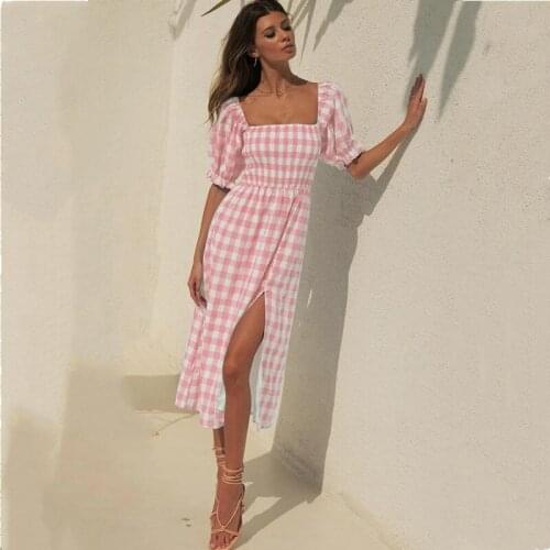 Summer Dress Women Clothing Split Dresses Womens Plaid Printed Short Sleeve Square Neck Dress For Women Vestidos Femme Robes