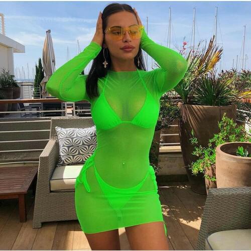 Women Mesh Crochet See Through Bikini Cover Up Bright Color Swimwear Orange and Fluorescent Green Long Sleeve Beach Dresses