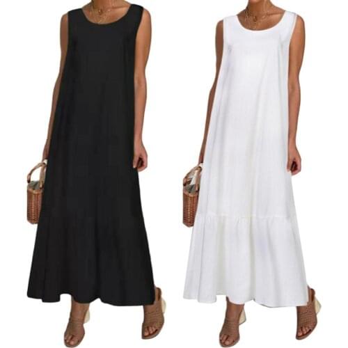 Vintage Women Casual Maxi Dresses Solid Color Sleeveless O Neck Pleated Large Hem Loose Tanks Dress Woman Summer 2021