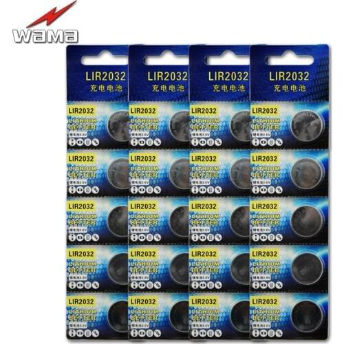 20pcs/4pack Wama Rechargeable LIR2032 Button Cell Batteries Lithium Li-ion 40mAh 3.6V Coin Battery Replace CR2032 BR2032 New