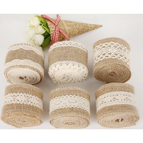 5-6cm 2m/roll Natural Jute Burlap Hessian Ribbon with Cotton Lace DIY Trim Fabric For Sewing Wedding Decoration Accessories