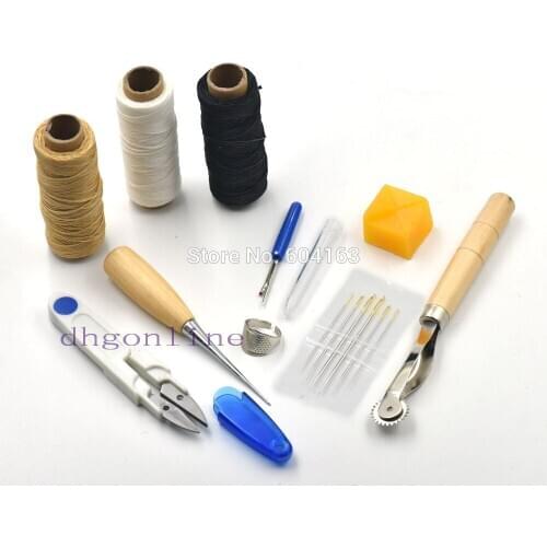 8 Pcs Sewing Tools Leather Carft Needles beeswax Awl Thread thimble ring Seam Ripper wheel scissor