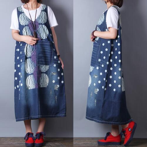 Free Shipping 2019 New Fashion Loose Denim Cotton Sleeveless Dresses Women Long Mid-calf Plus Size Dot Dresses With Holes Slit