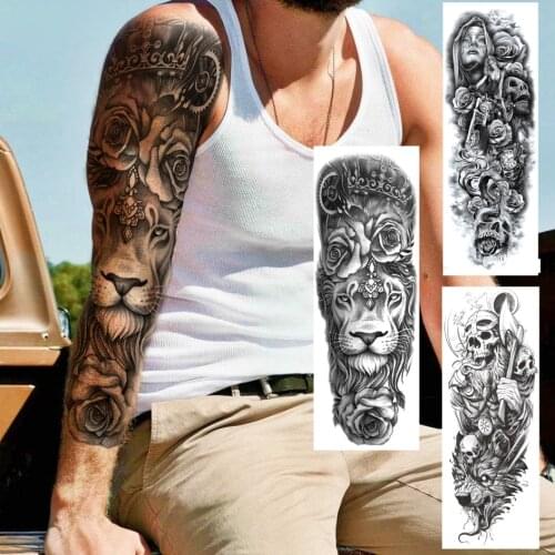 Large Lion Flower Full Arm Tattoo Sticker For Men Women Black Rose Temporary Tattoos Sleeve Realistic Fake Dragon Skull Tatoo