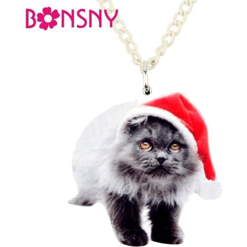 Bonsny Acrylic Fluffy Christmas Hat Cat Necklace Pendant Chain Choker Fashion Jewelry For Women Girls Teen Gift Animal Accessory