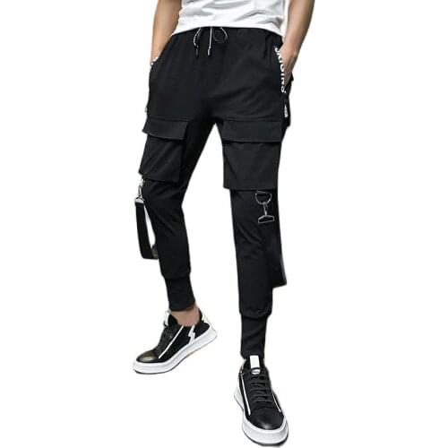 Hip hop cargo pants mens ribbons slim fit street joggers vintage man harajuku multi pockets elastic waist sweatpants