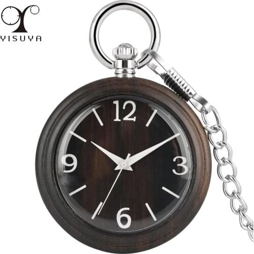 Ebony Wood Pocket Quartz Timepiece White Arabic Numerals Analog Wooden Pocket Watch Silver Fob Natural Pendant Clock Gifts