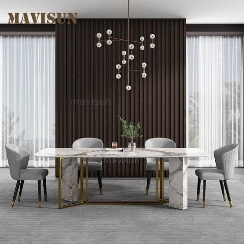 Italian Luxury Marble Surface Metal Base Dining Table Rectangular Modern Morocco Dinner Table Chair Combination