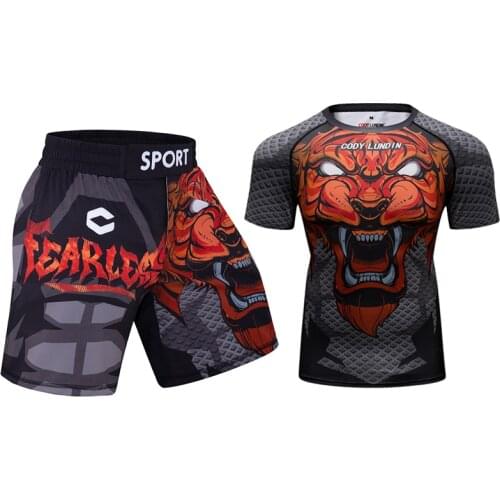 Cody Lundin Men Gym Jiu Jitsu Jerseys+Shorts Fitness T shirt+Shorts BJJ Boxing Set Gym MMA Rash Guard Fightwear Sportsuit Boxing