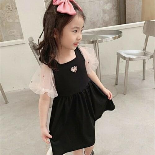 Girls Summer Dress Mesh Short Sleeved Baby Fashion Princess Dresses Puff Sleeve Korean Style Kids Heart Clothes Outfits