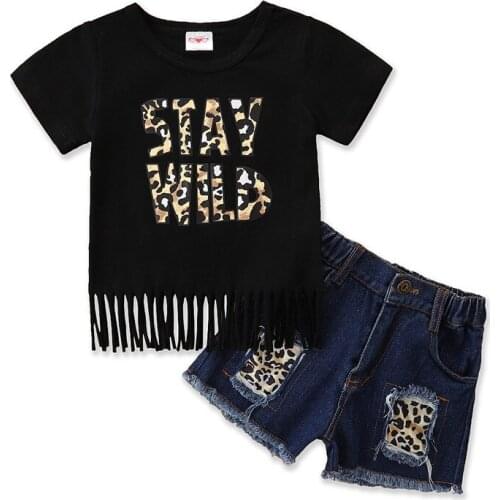 Summer Girl Set Letter Print T-shirt + Cotton Denim Jeans Shorts Sets for Kids Children Clothes