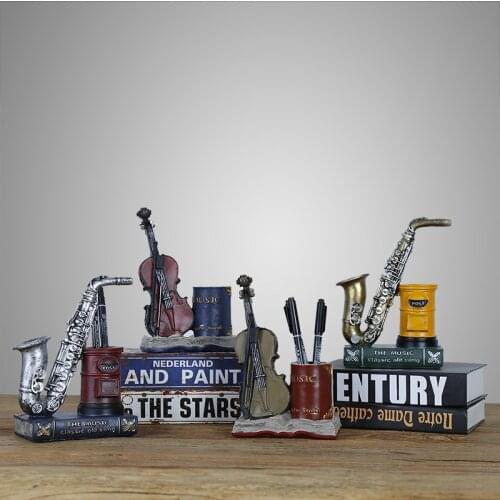 Saxophone Violin Miniatures Figurines Retro Pen Holders Resin Musical Instrument Statue Coffee Bar Desktop Decoration Ornaments