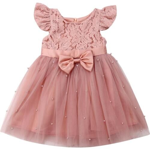 Fashion Kids Flower Formal Girl Party Fry Sleeve Lace Bowknot Pearls Tutu Mesh Ball Gown Dress Wedding Bridesmaid Princess 2-7T